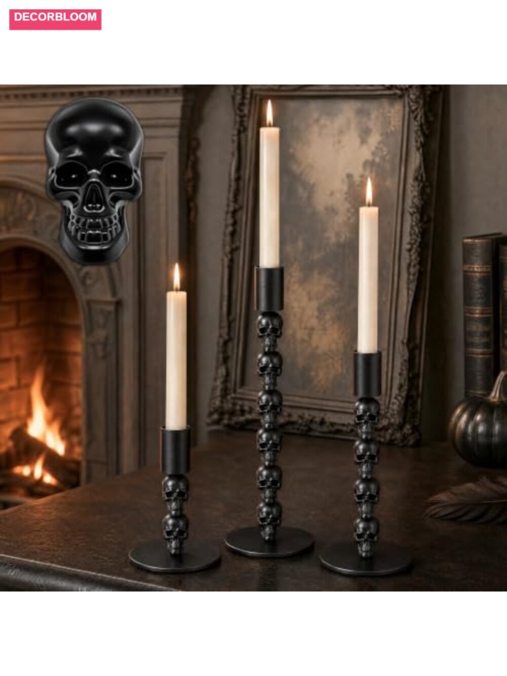 Gothic Skull Taper Candle Holder Set of 3 Metal Candlestick Halloween Decor